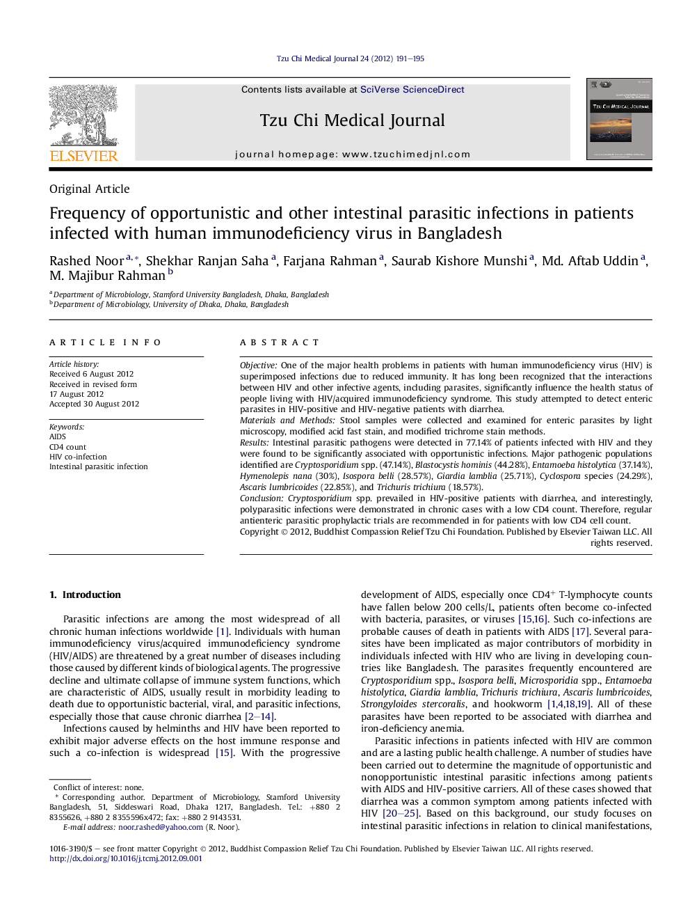 Frequency of opportunistic and other intestinal parasitic infections in patients infected with human immunodeficiency virus in Bangladesh 