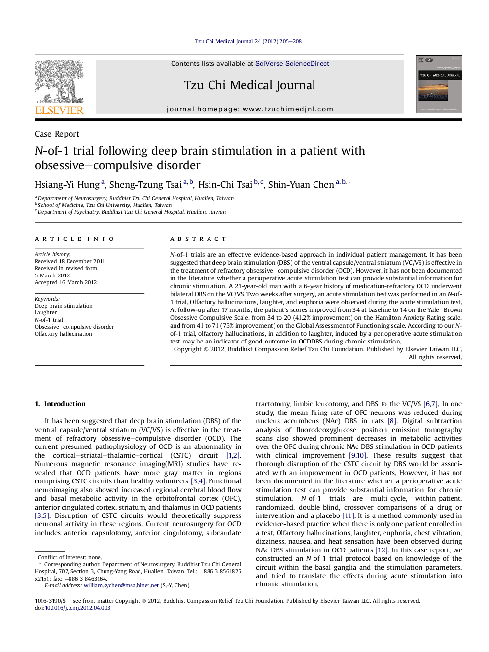 N-of-1 trial following deep brain stimulation in a patient with obsessive–compulsive disorder 