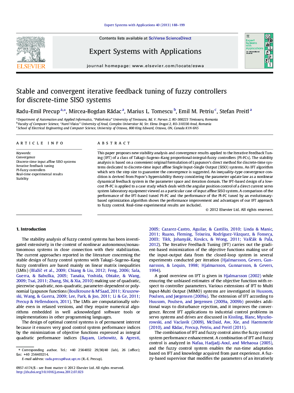 Stable and convergent iterative feedback tuning of fuzzy controllers for discrete-time SISO systems