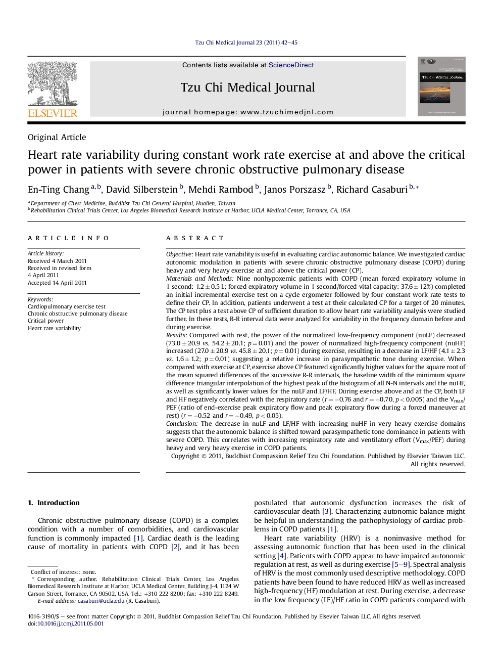 Heart rate variability during constant work rate exercise at and above the critical power in patients with severe chronic obstructive pulmonary disease 