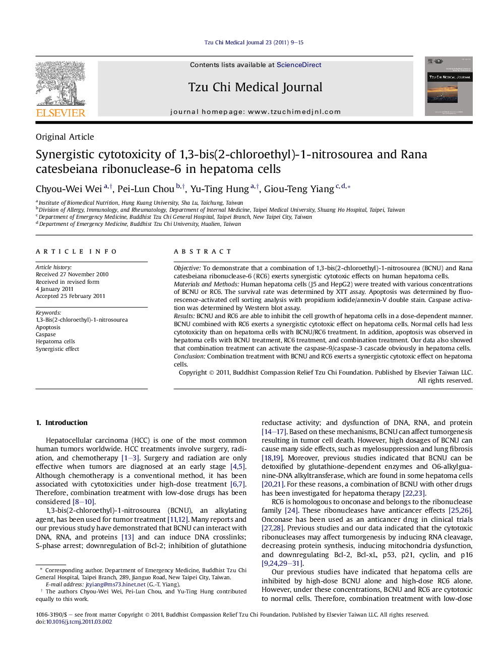 Synergistic cytotoxicity of 1,3-bis(2-chloroethyl)-1-nitrosourea and Rana catesbeiana ribonuclease-6 in hepatoma cells