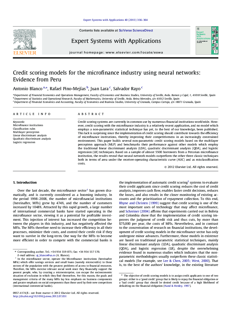 Credit scoring models for the microfinance industry using neural networks: Evidence from Peru