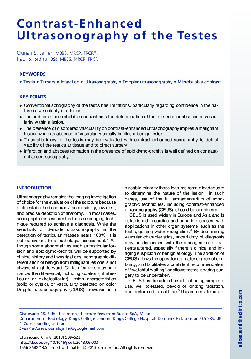 Contrast-Enhanced Ultrasonography of the Testes