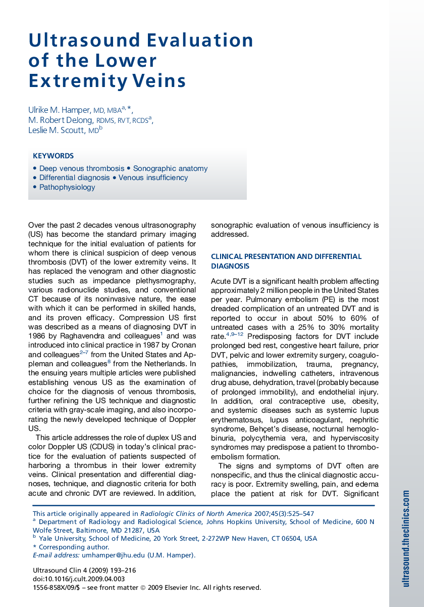 Ultrasound Evaluation of the Lower Extremity Veins