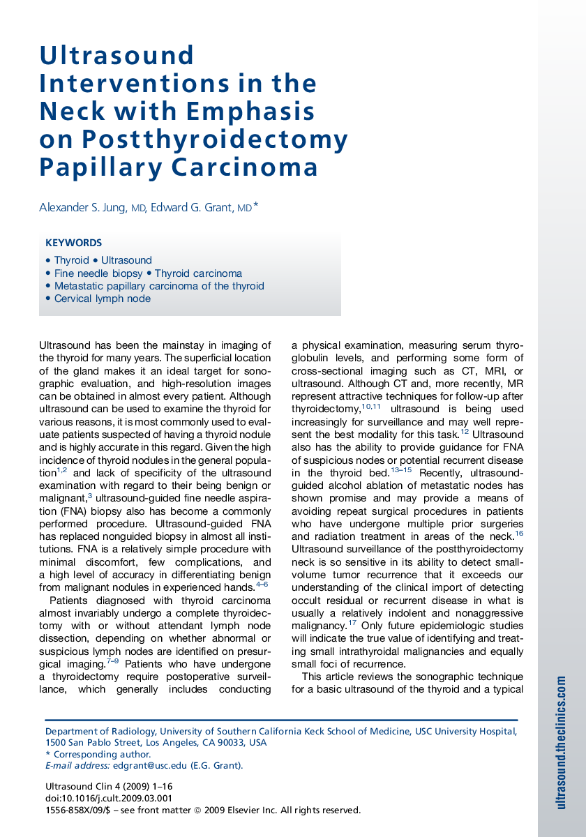 Ultrasound Interventions in the Neck with Emphasis on Postthyroidectomy Papillary Carcinoma