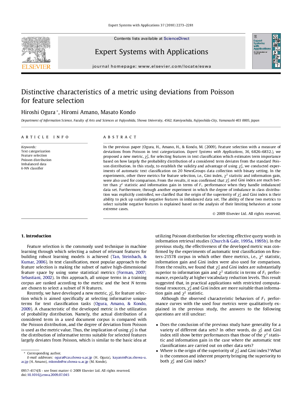 Distinctive characteristics of a metric using deviations from Poisson for feature selection