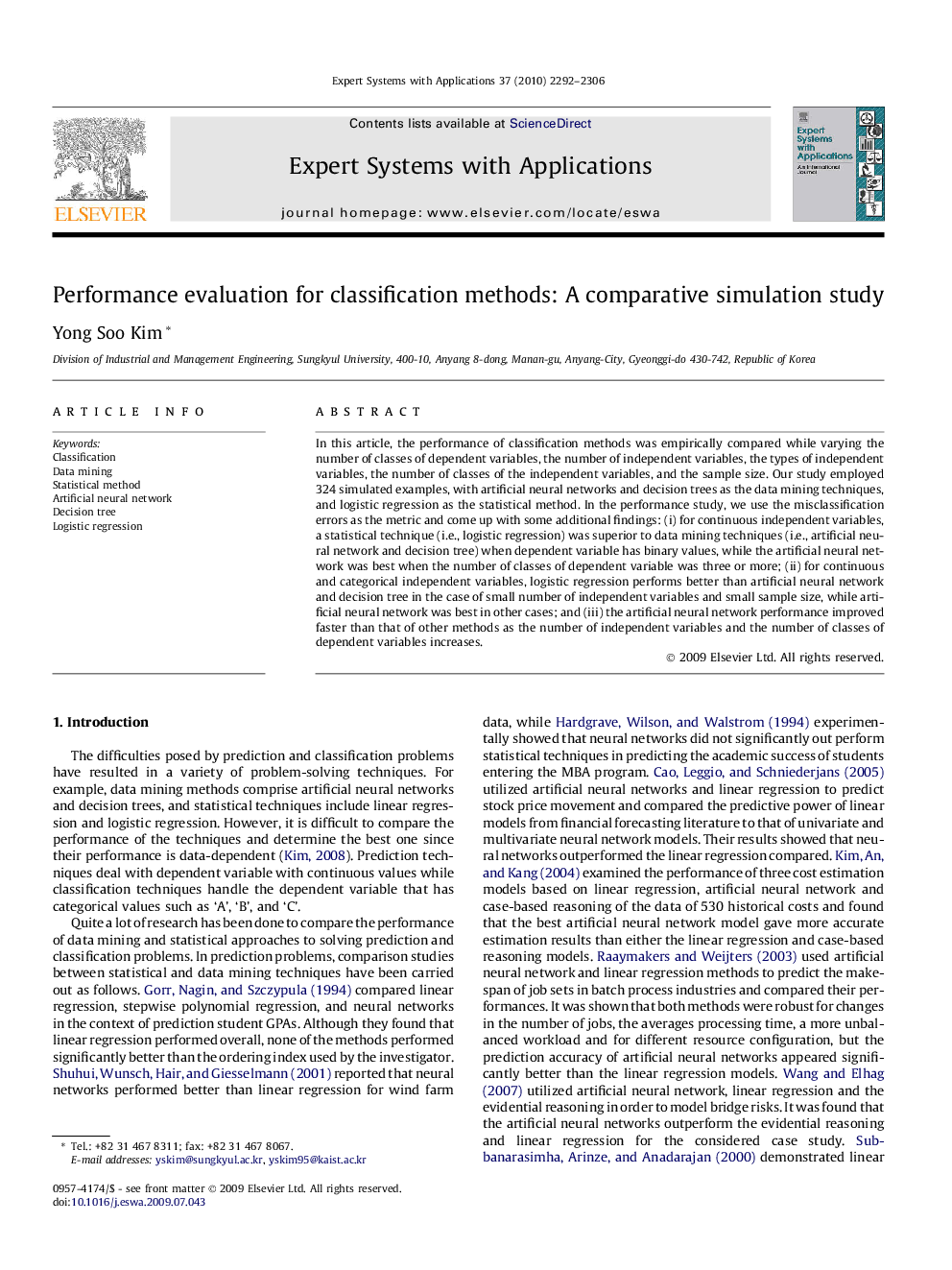 Performance evaluation for classification methods: A comparative simulation study