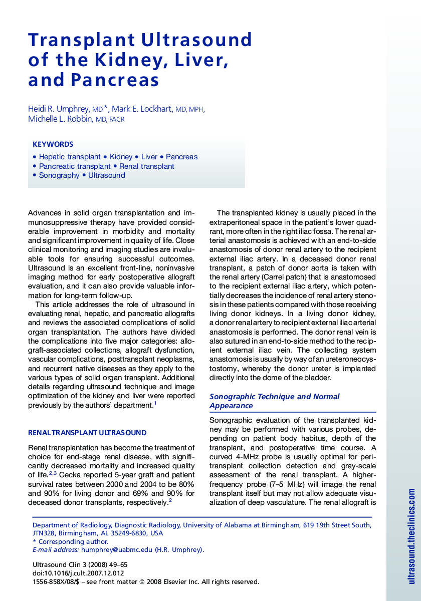 Transplant Ultrasound of the Kidney, Liver, and Pancreas