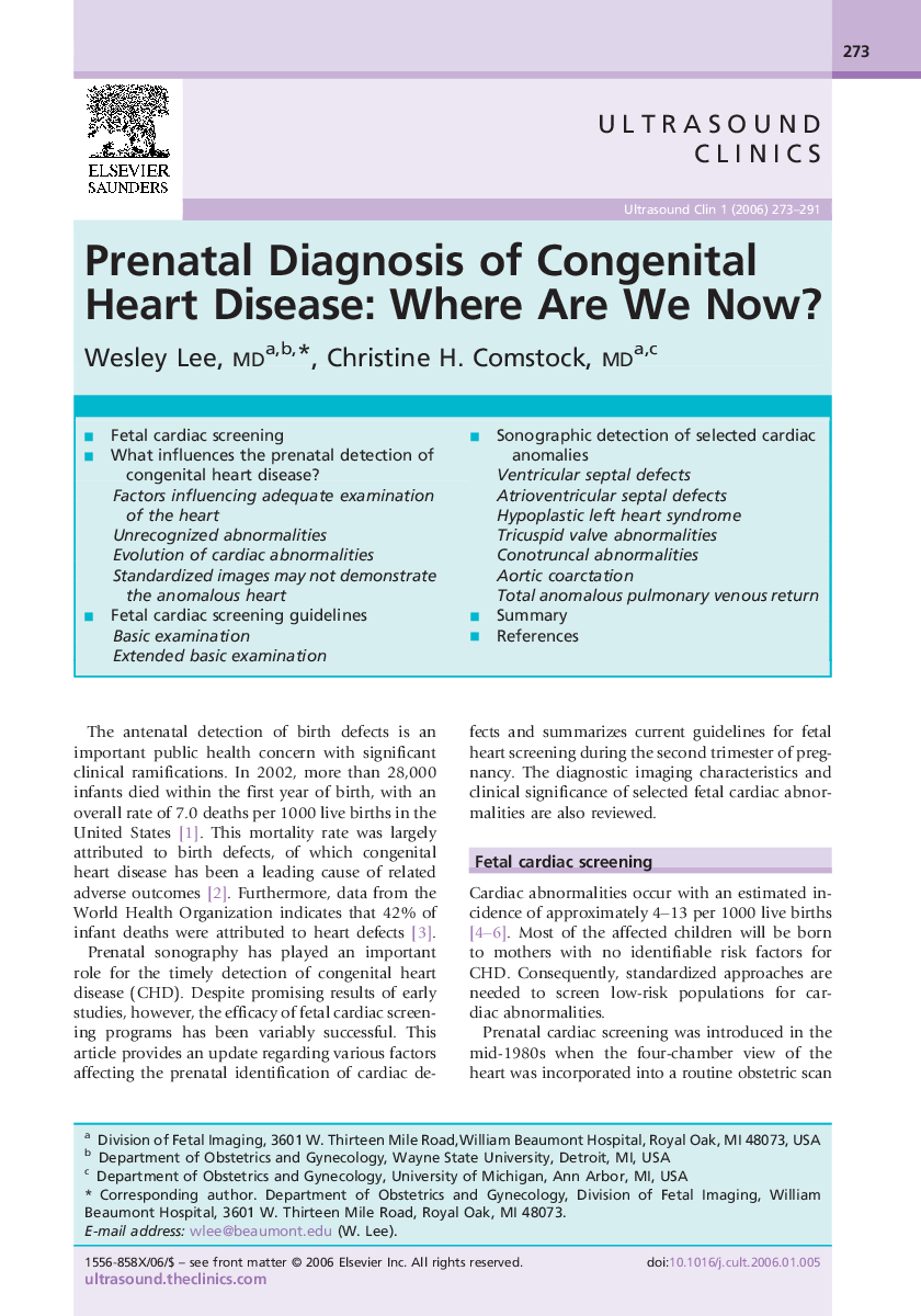 عکس صفحه اول مقاله: Prenatal Diagnosis of Congenital Heart Disease: Where Are We Now? Prenatal Diagnosis of Congenital Heart Disease: Where Are We Now?