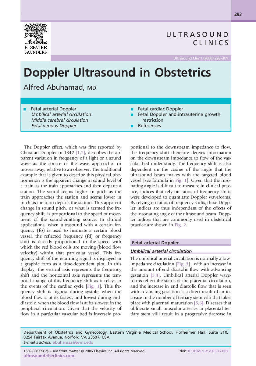 عکس صفحه اول مقاله: Doppler Ultrasound in Obstetrics Doppler Ultrasound in Obstetrics