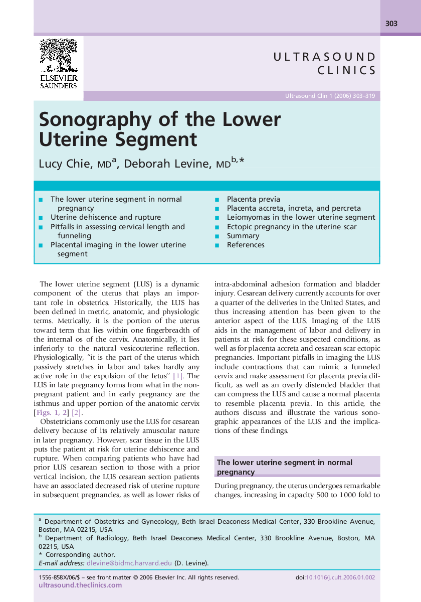 عکس صفحه اول مقاله: Sonography of the Lower Uterine Segment Sonography of the Lower Uterine Segment