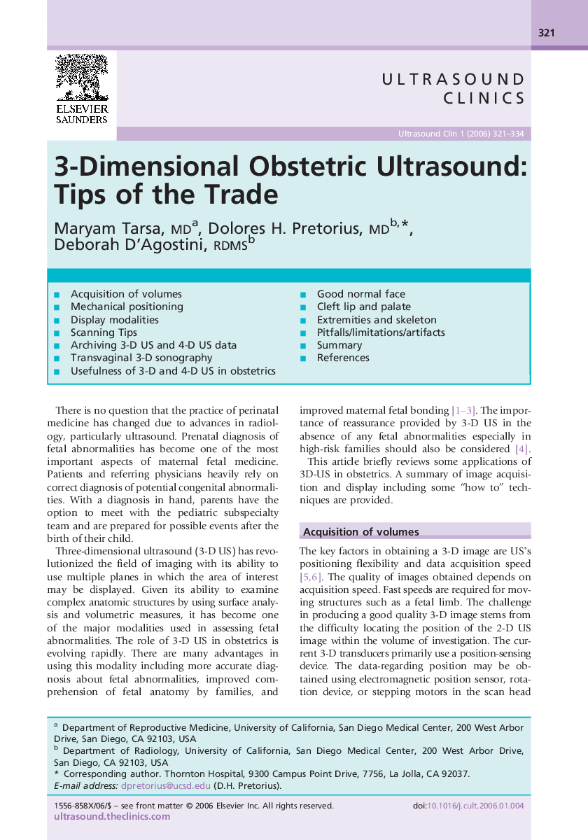 عکس صفحه اول مقاله: 3-Dimensional Obstetric Ultrasound: Tips of the Trade 3-Dimensional Obstetric Ultrasound: Tips of the Trade