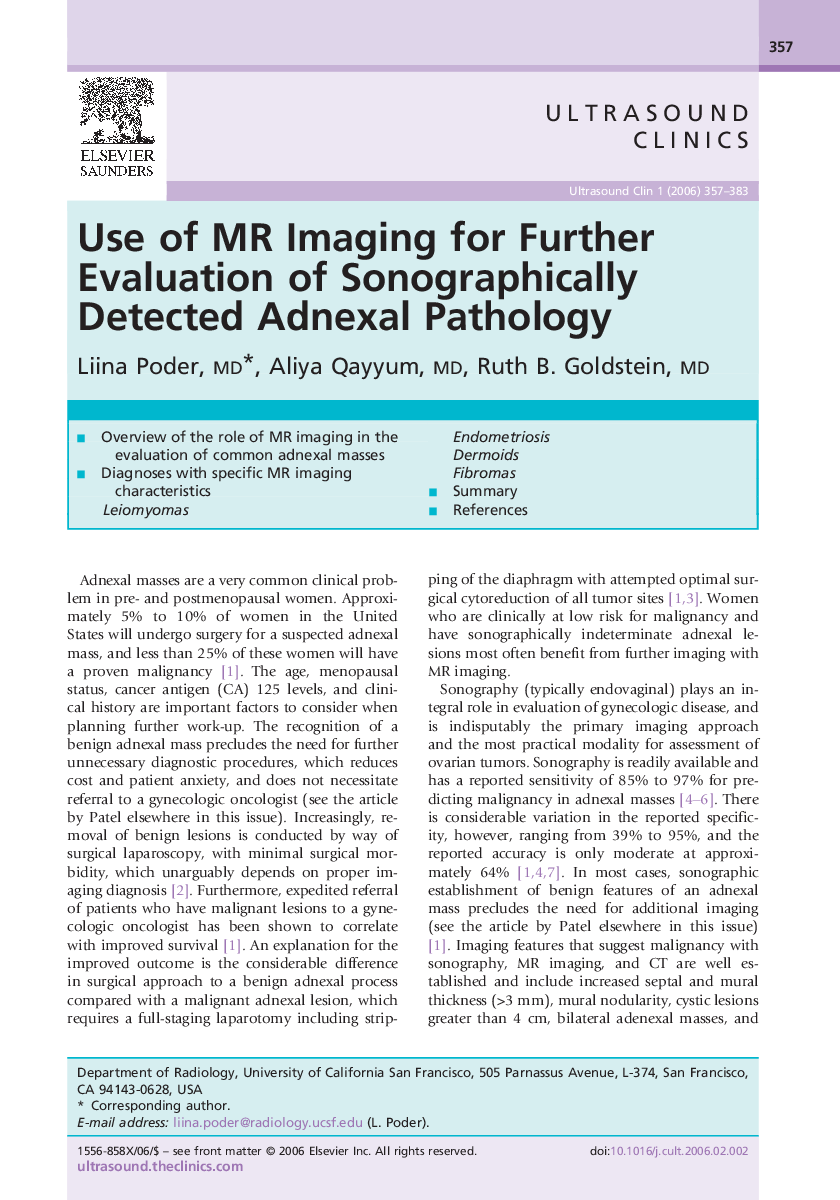 عکس صفحه اول مقاله: Use of MR Imaging for Further Evaluation of Sonographically Detected Adnexal Pathology Use of MR Imaging for Further Evaluation of Sonographically Detected Adnexal Pathology