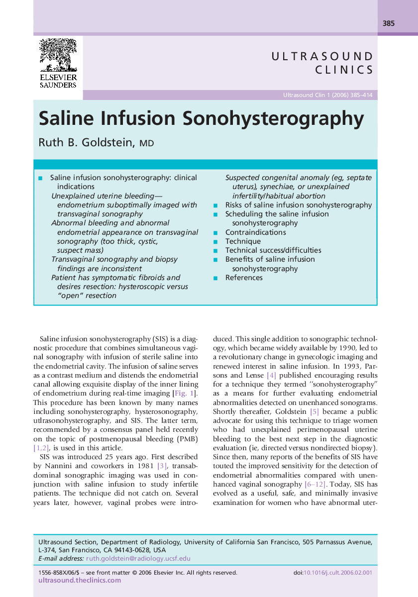 عکس صفحه اول مقاله: Saline Infusion Sonohysterography Saline Infusion Sonohysterography