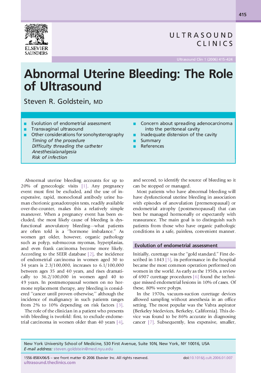 عکس صفحه اول مقاله: Abnormal Uterine Bleeding: The Role of Ultrasound Abnormal Uterine Bleeding: The Role of Ultrasound