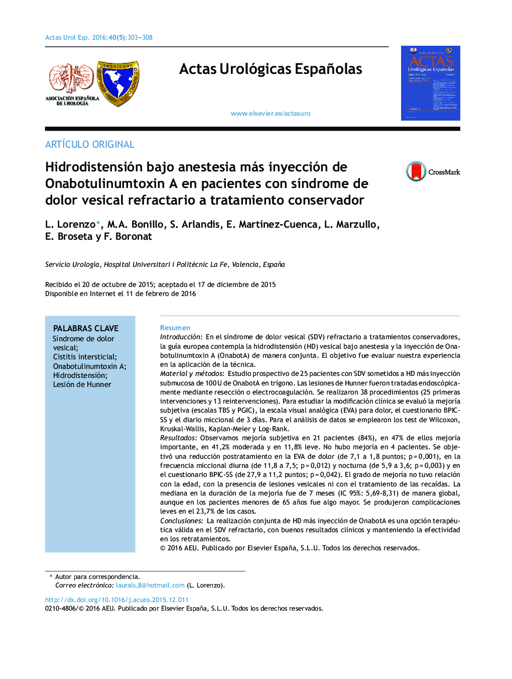 Hidrodistensión bajo anestesia más inyección de Onabotulinumtoxin A en pacientes con síndrome de dolor vesical refractario a tratamiento conservador