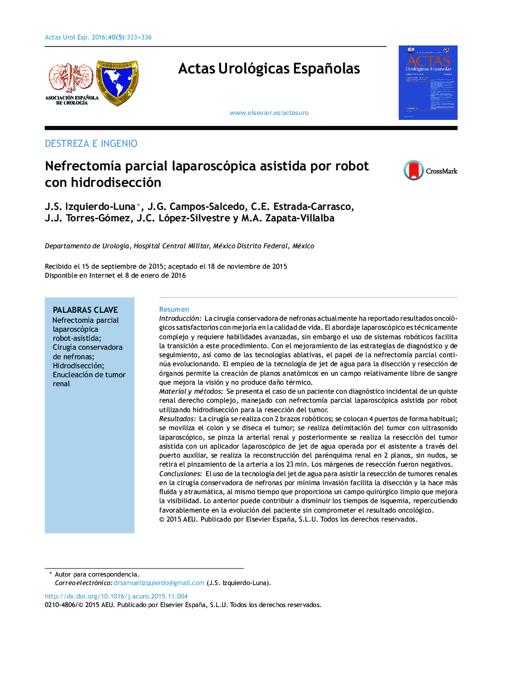 Nefrectomía parcial laparoscópica asistida por robot con hidrodisección