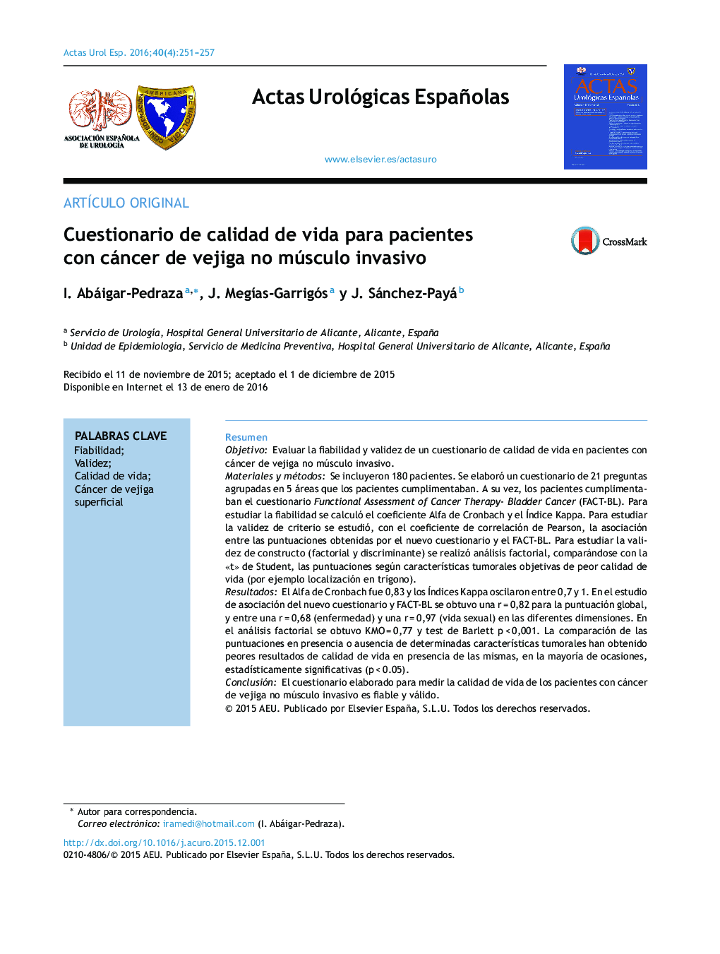 Cuestionario de calidad de vida para pacientes con cáncer de vejiga no músculo invasivo