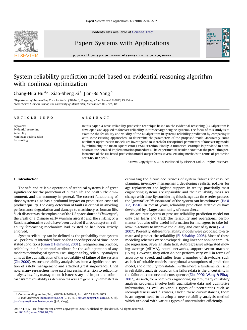 System reliability prediction model based on evidential reasoning algorithm with nonlinear optimization