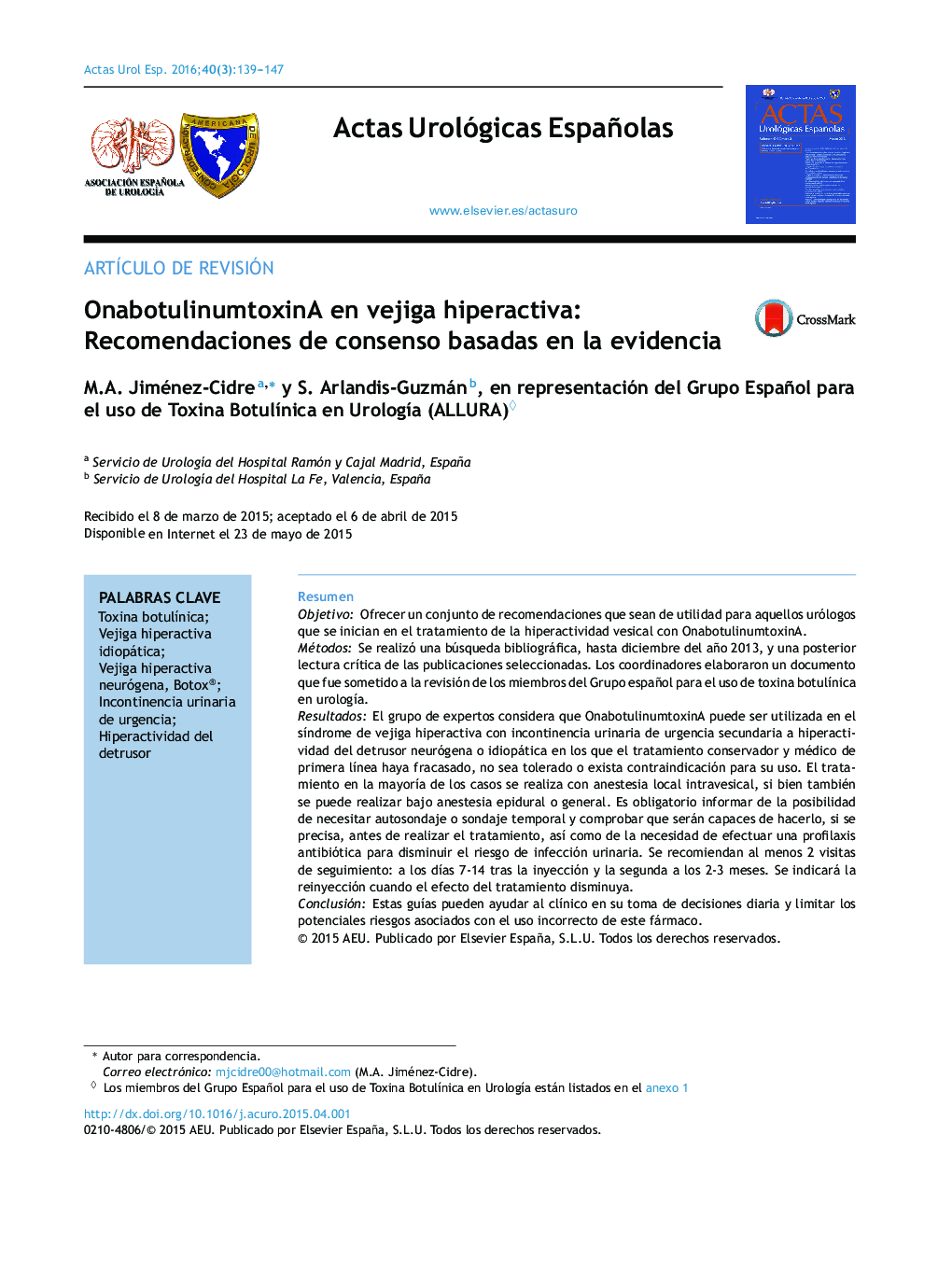 OnabotulinumtoxinA en vejiga hiperactiva: Recomendaciones de consenso basadas en la evidencia