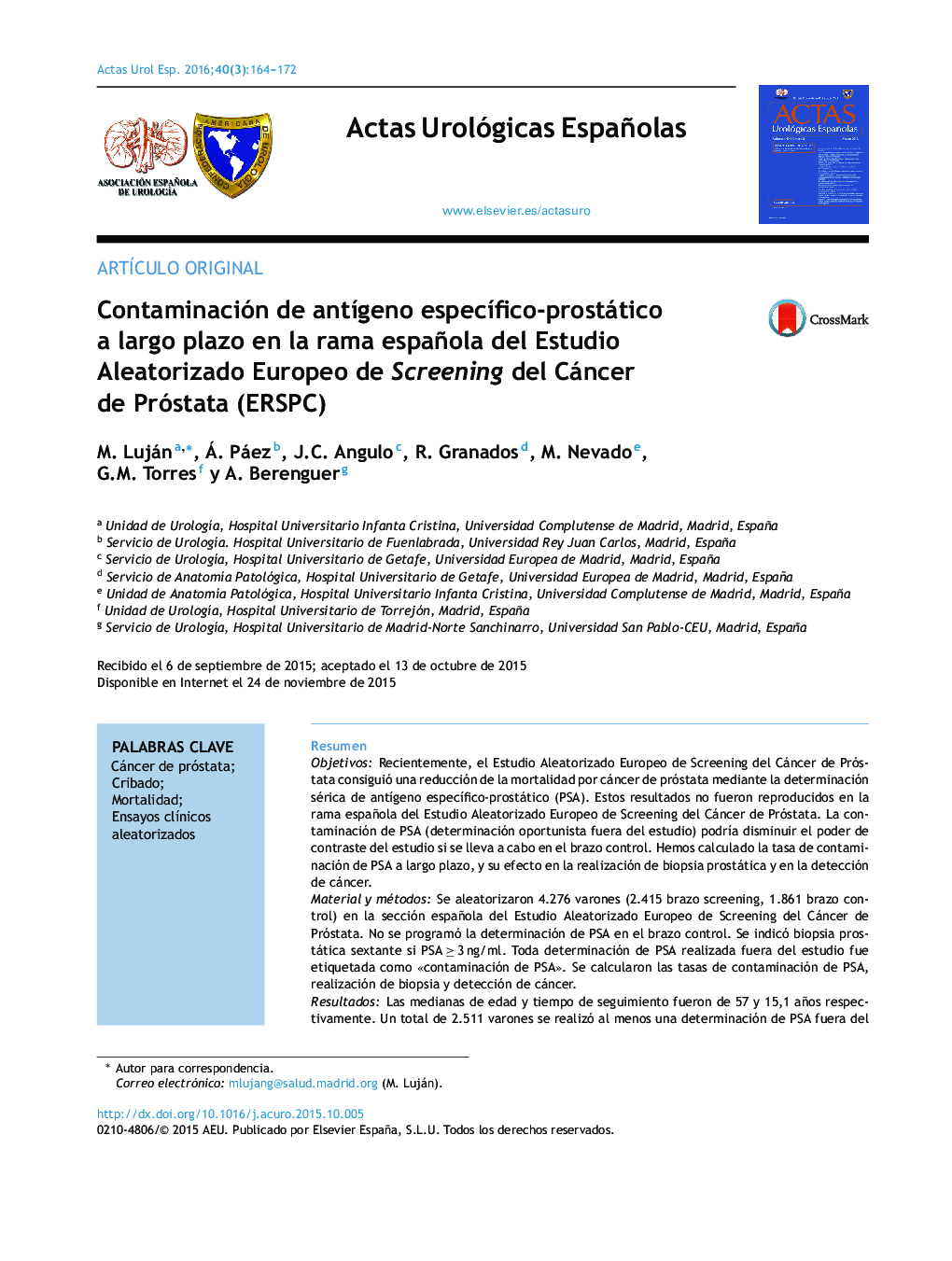 Contaminación de antÃ­geno especÃ­fico-prostático a largo plazo en la rama española del Estudio Aleatorizado Europeo de Screening del Cáncer de Próstata (ERSPC)