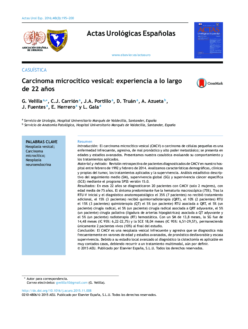 Carcinoma microcítico vesical: experiencia a lo largo de 22 años