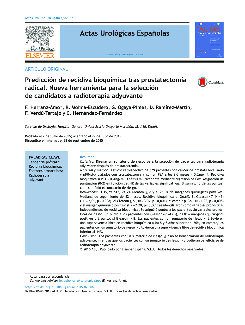 Predicción de recidiva bioquímica tras prostatectomía radical. Nueva herramienta para la selección de candidatos a radioterapia adyuvante