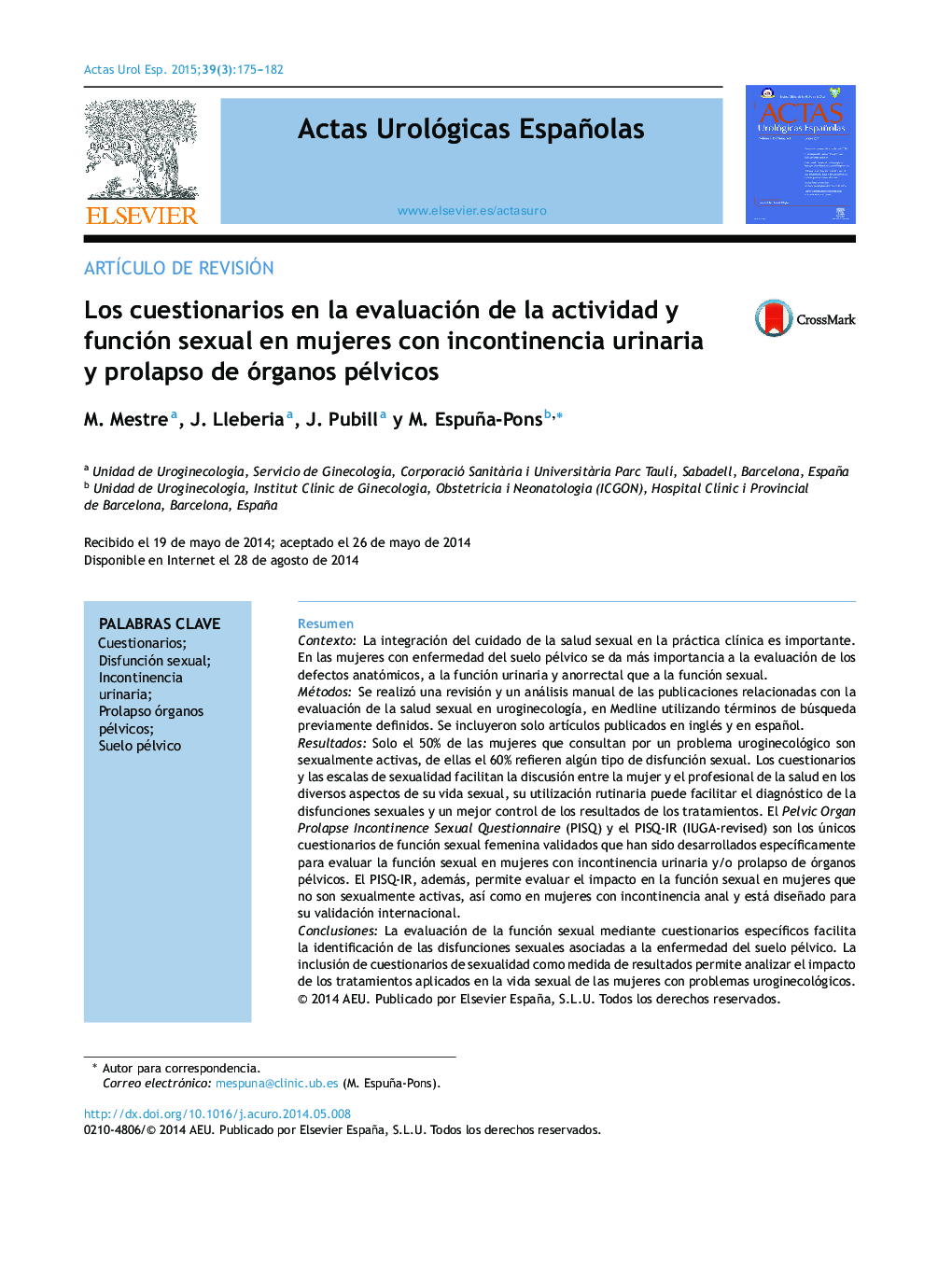 Los cuestionarios en la evaluación de la actividad y función sexual en mujeres con incontinencia urinaria y prolapso de órganos pélvicos