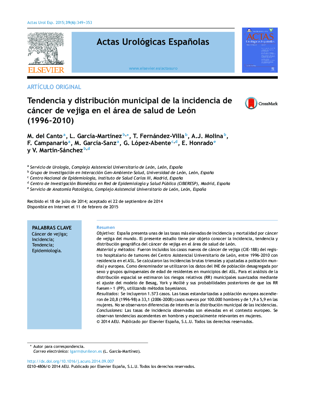 Tendencia y distribución municipal de la incidencia de cáncer de vejiga en el área de salud de León (1996-2010)