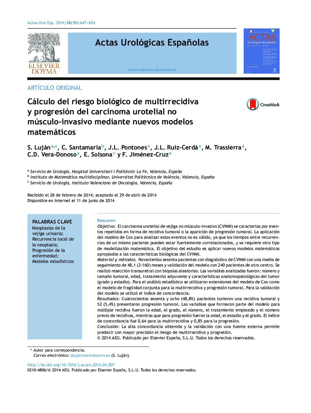 Cálculo del riesgo biológico de multirrecidiva y progresión del carcinoma urotelial no músculo-invasivo mediante nuevos modelos matemáticos