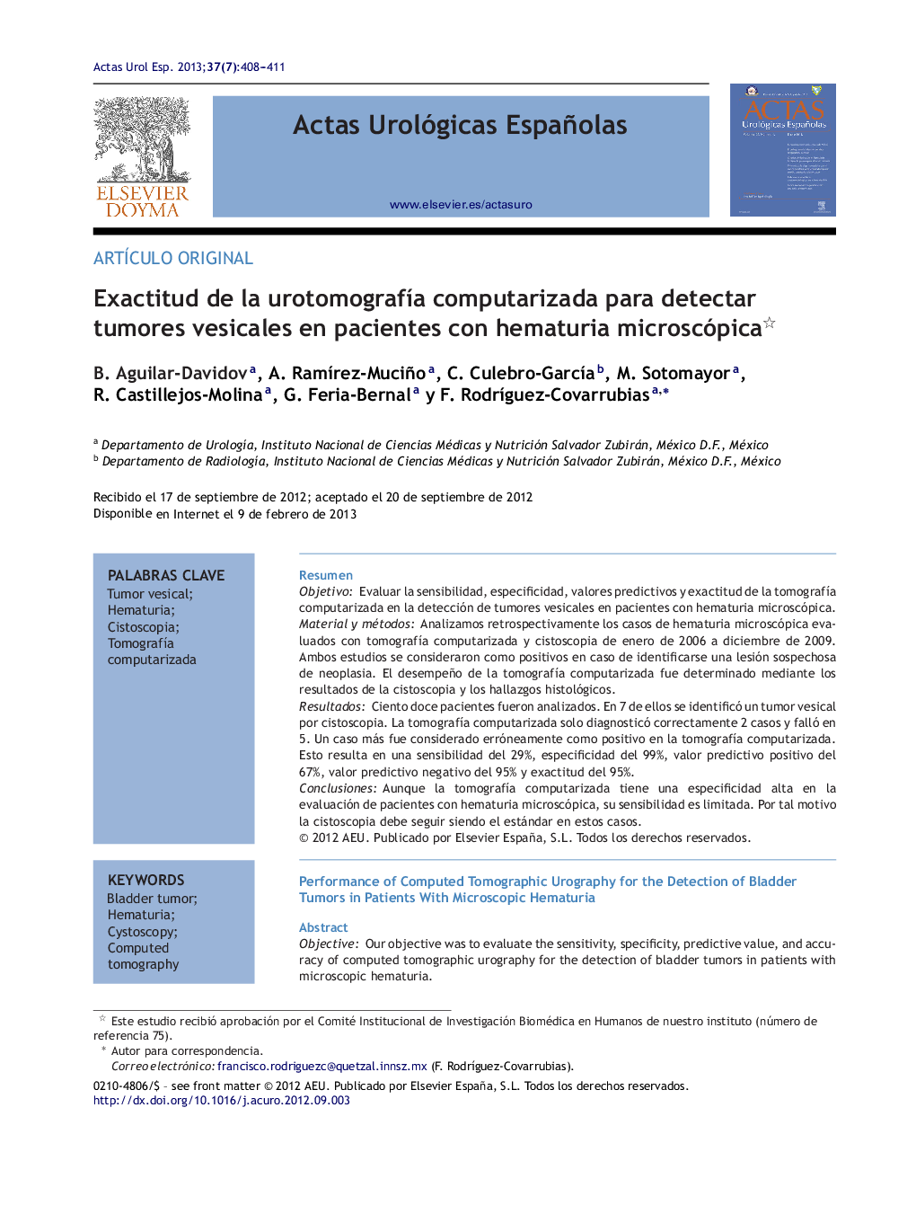 Exactitud de la urotomografía computarizada para detectar tumores vesicales en pacientes con hematuria microscópica 