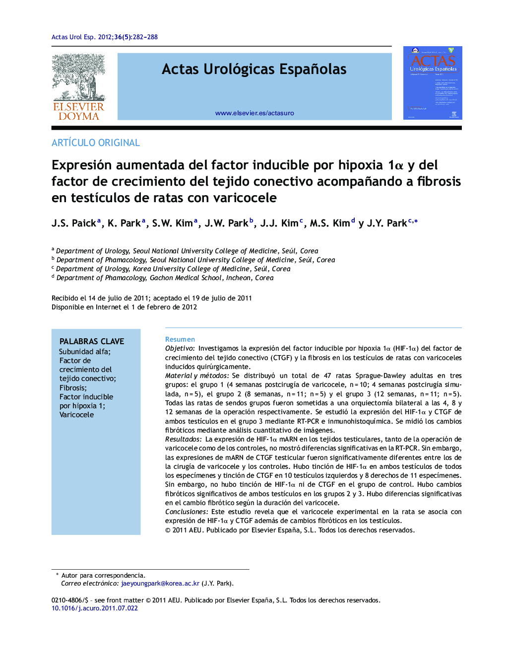 Expresión aumentada del factor inducible por hipoxia 1α y del factor de crecimiento del tejido conectivo acompañando a fibrosis en testículos de ratas con varicocele