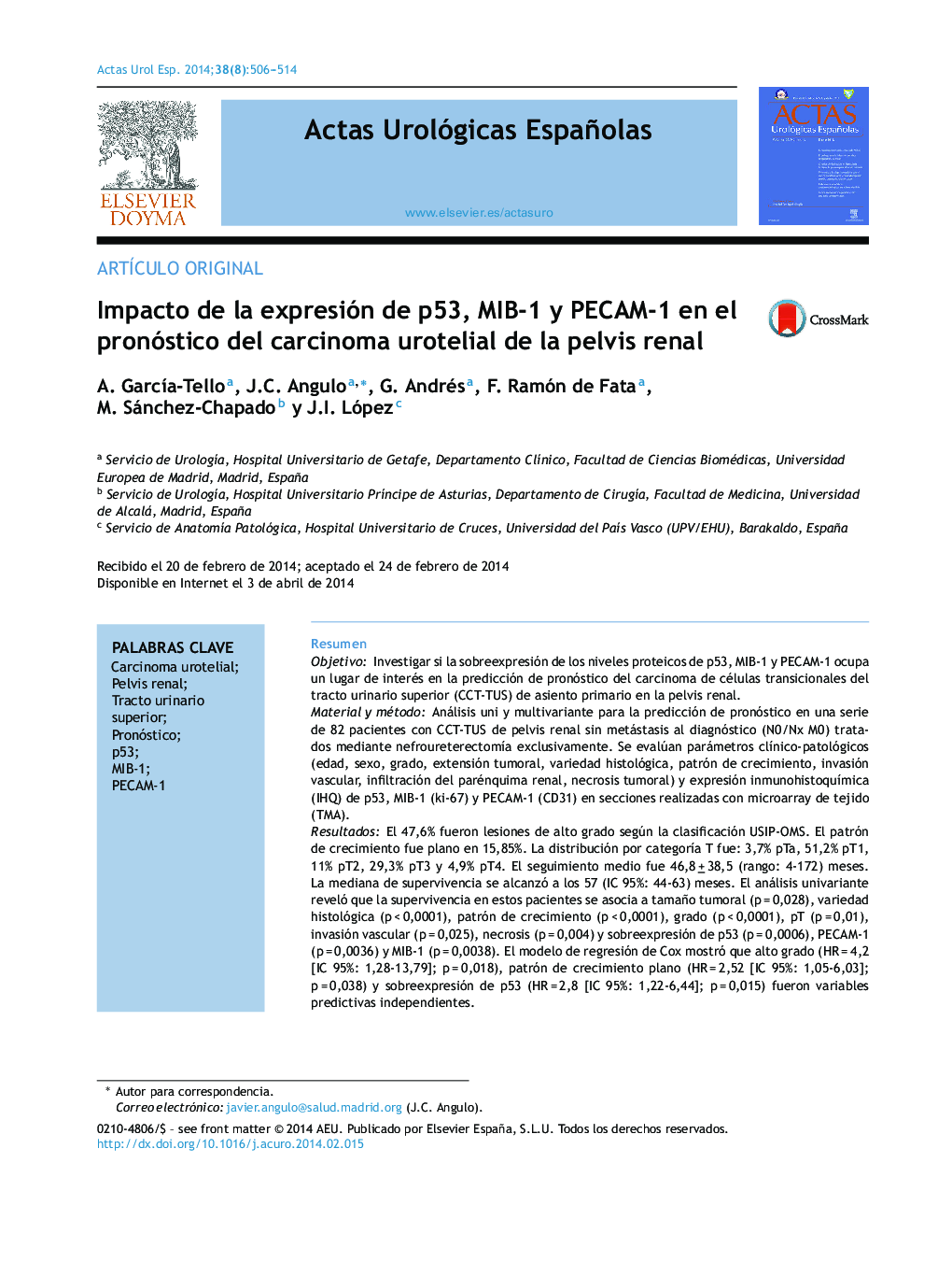 Impacto de la expresión de p53, MIB-1 y PECAM-1 en el pronóstico del carcinoma urotelial de la pelvis renal