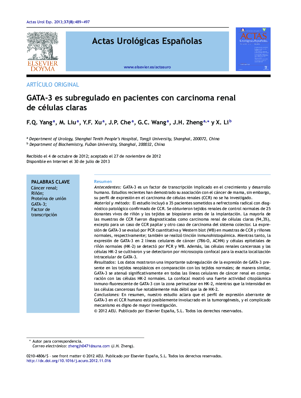 GATA-3 es subregulado en pacientes con carcinoma renal de células claras