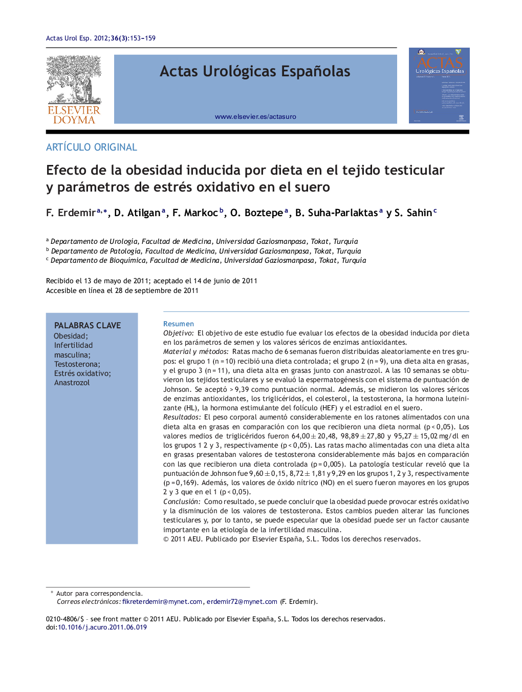 Efecto de la obesidad inducida por dieta en el tejido testicular y parámetros de estrés oxidativo en el suero