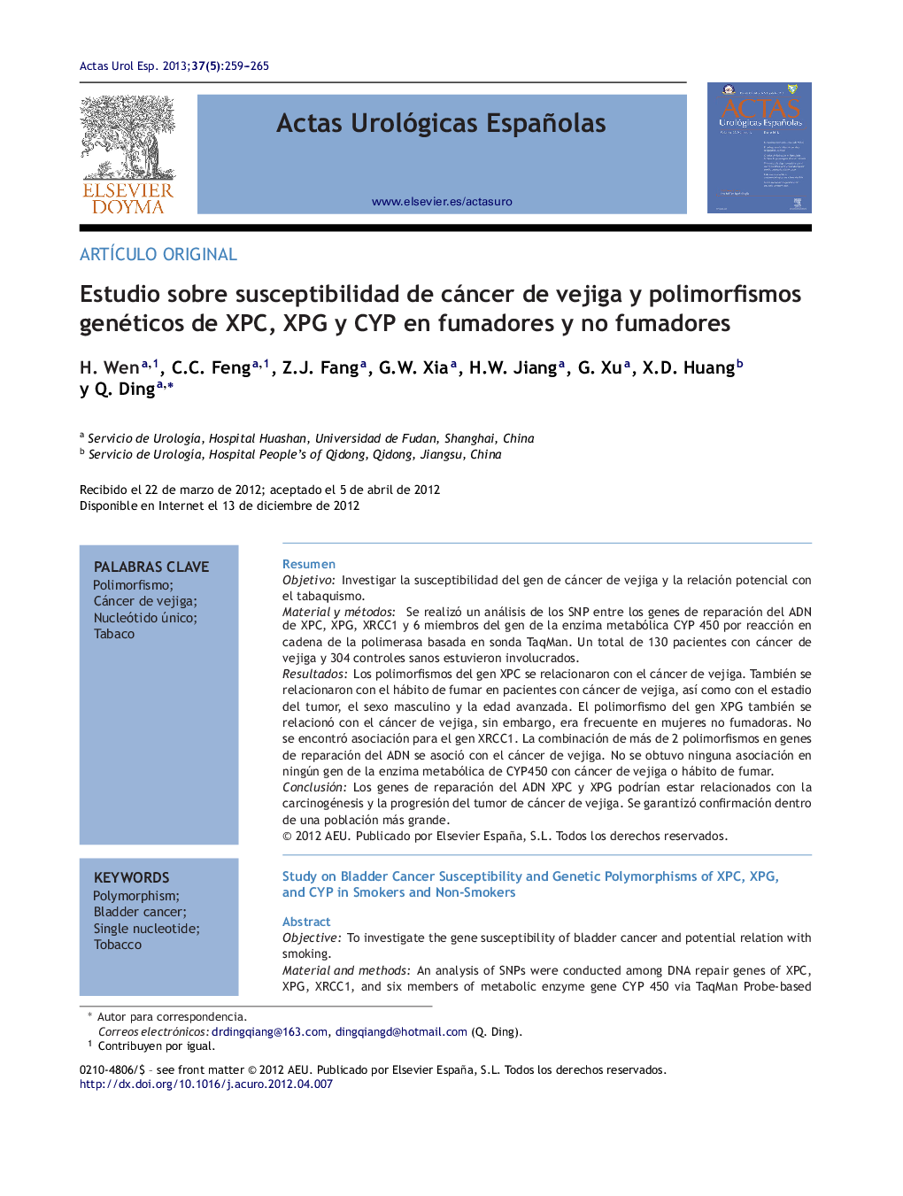 Estudio sobre susceptibilidad de cáncer de vejiga y polimorfismos genéticos de XPC, XPG y CYP en fumadores y no fumadores