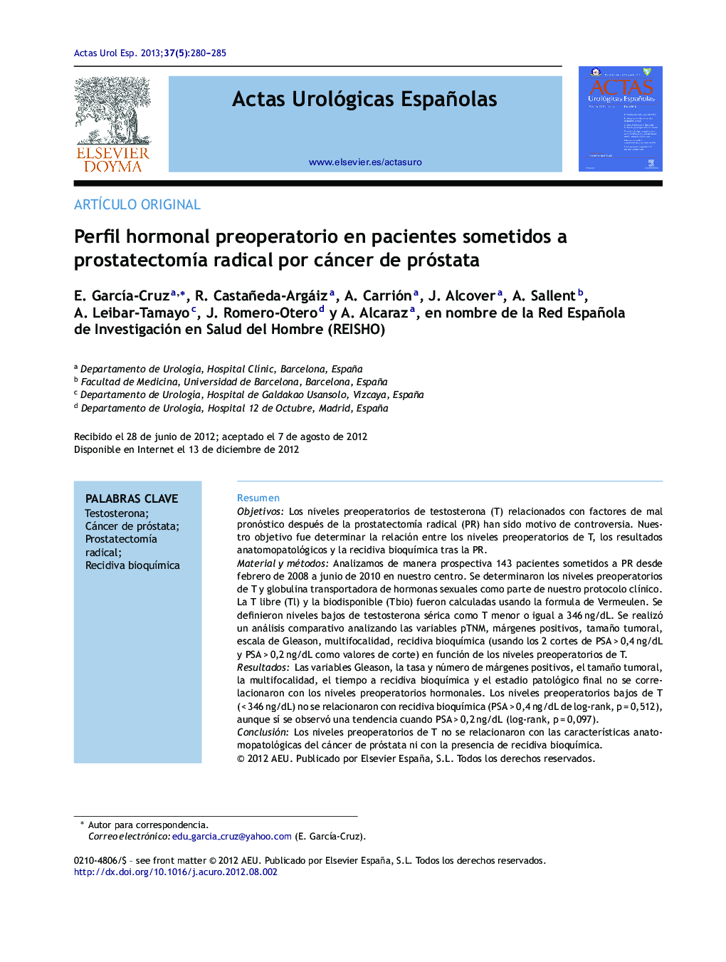 Perfil hormonal preoperatorio en pacientes sometidos a prostatectomÃ­a radical por cáncer de próstata