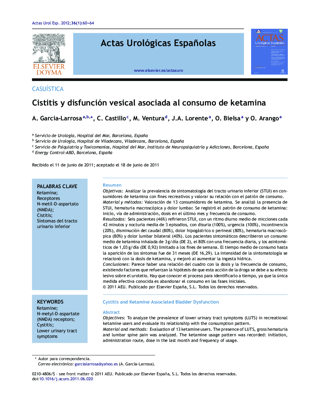 Cistitis y disfunción vesical asociada al consumo de ketamina