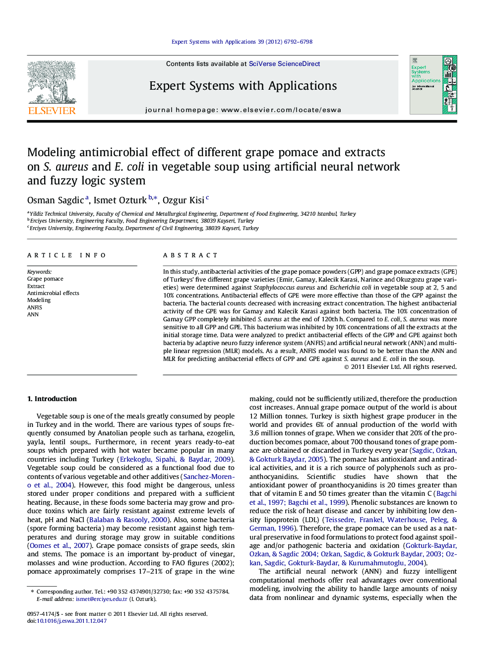 Modeling antimicrobial effect of different grape pomace and extracts on S.aureus and E.coli in vegetable soup using artificial neural network and fuzzy logic system