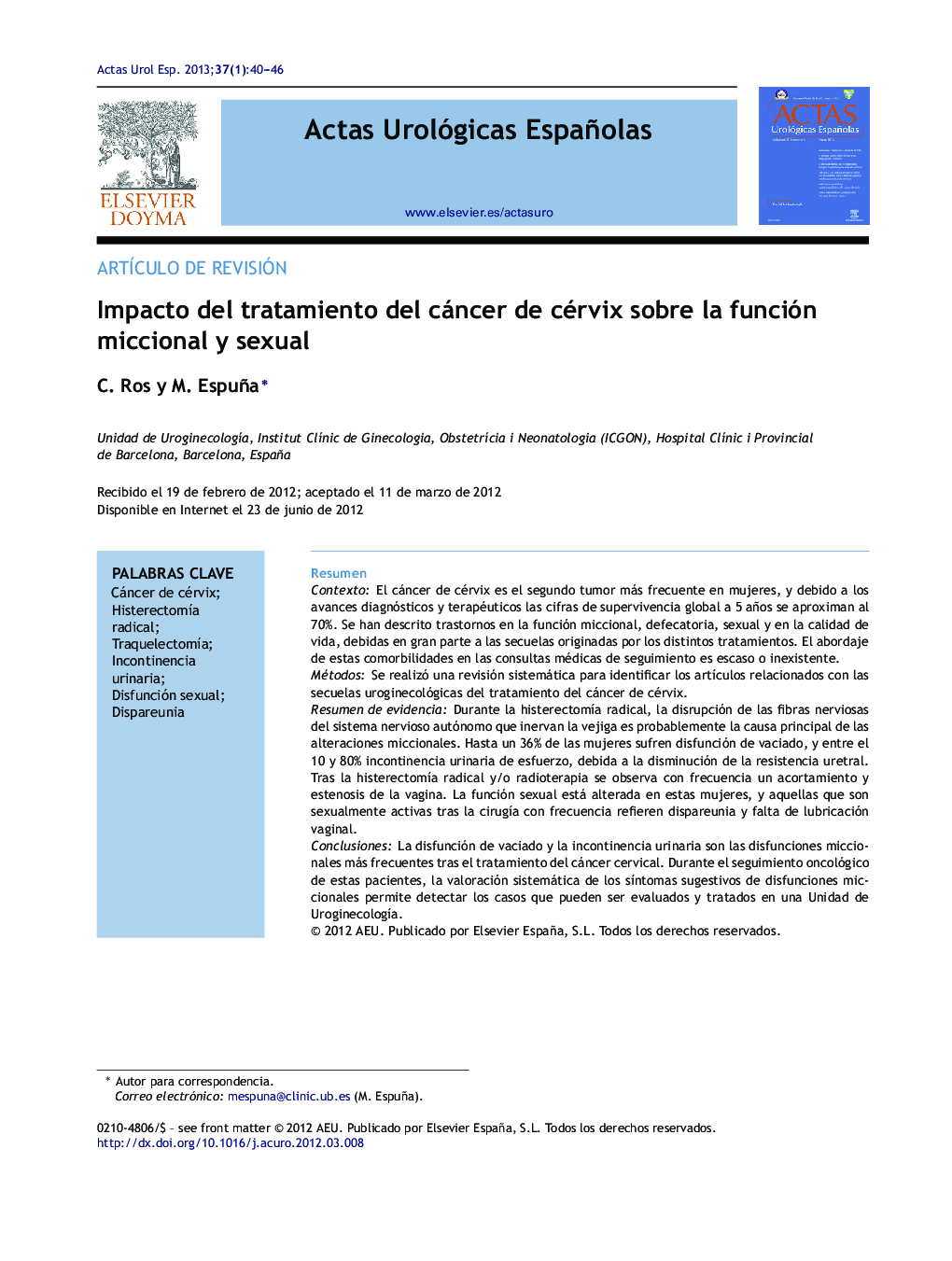 Impacto del tratamiento del cáncer de cérvix sobre la función miccional y sexual