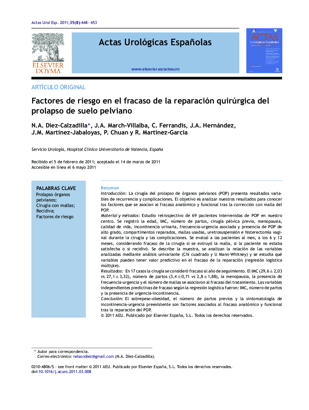 عکس صفحه اول مقاله: Factores de riesgo en el fracaso de la reparación quirúrgica del prolapso de suelo pelviano Factores de riesgo en el fracaso de la reparación quirúrgica del prolapso de suelo pelviano