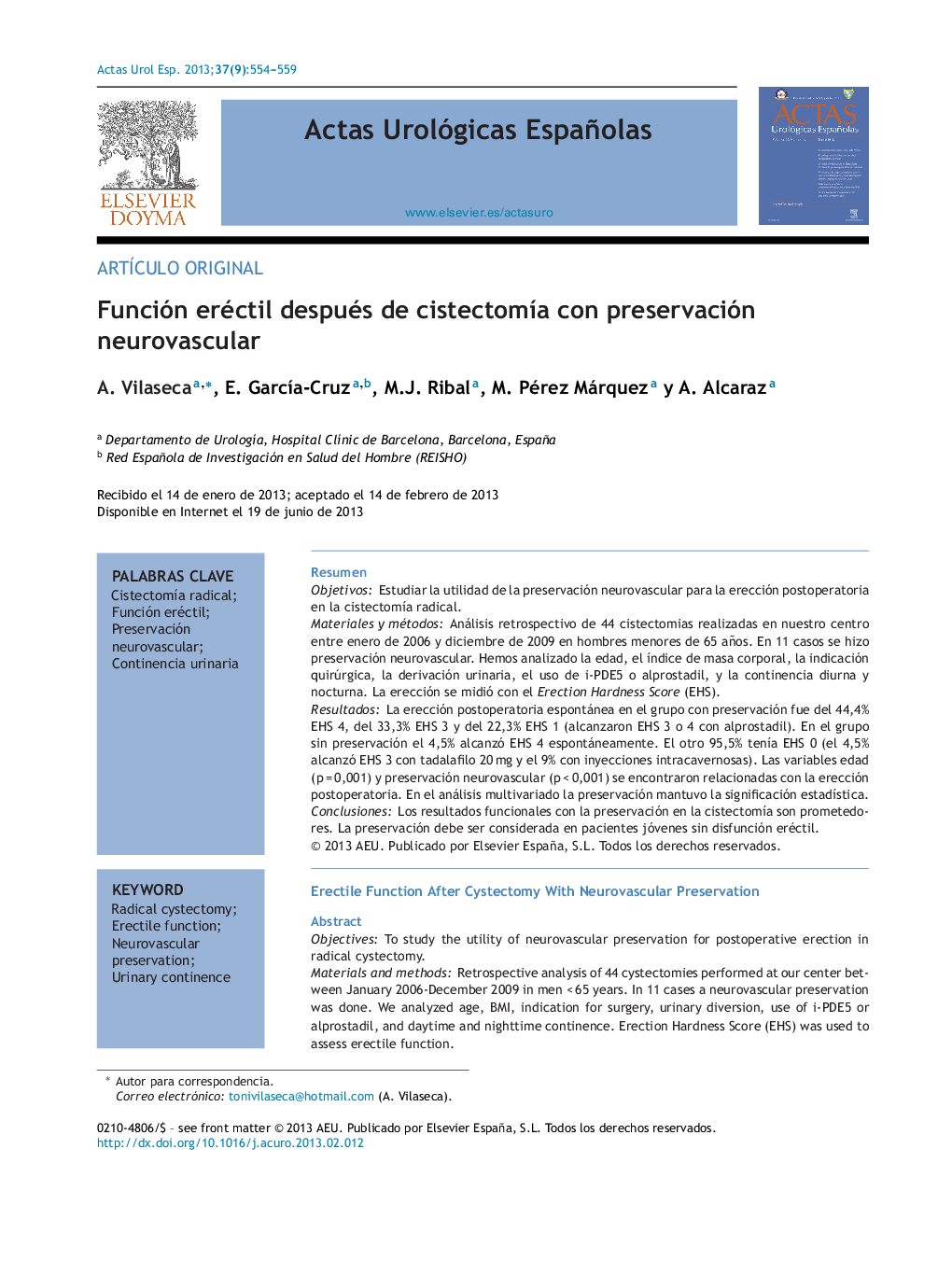 Función eréctil después de cistectomÃ­a con preservación neurovascular