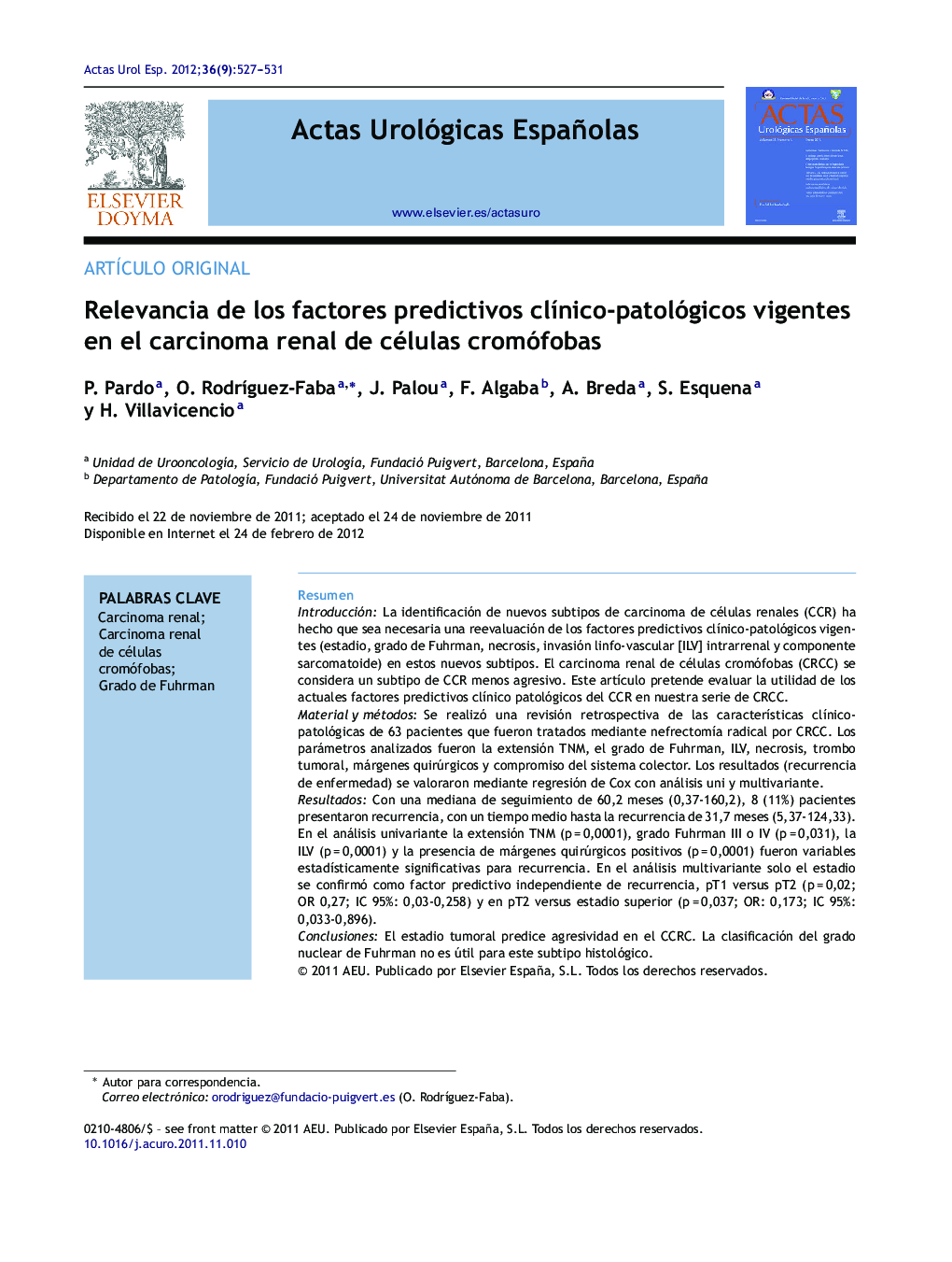 Relevancia de los factores predictivos clÃ­nico-patológicos vigentes en el carcinoma renal de células cromófobas