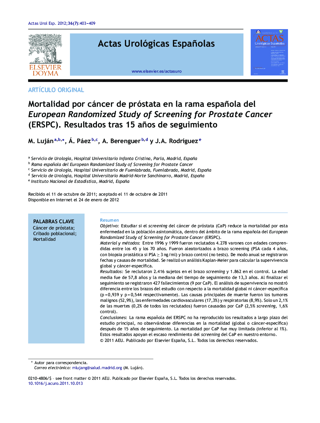 Mortalidad por cáncer de próstata en la rama española del European Randomized Study of Screening for Prostate Cancer (ERSPC). Resultados tras 15 años de seguimiento