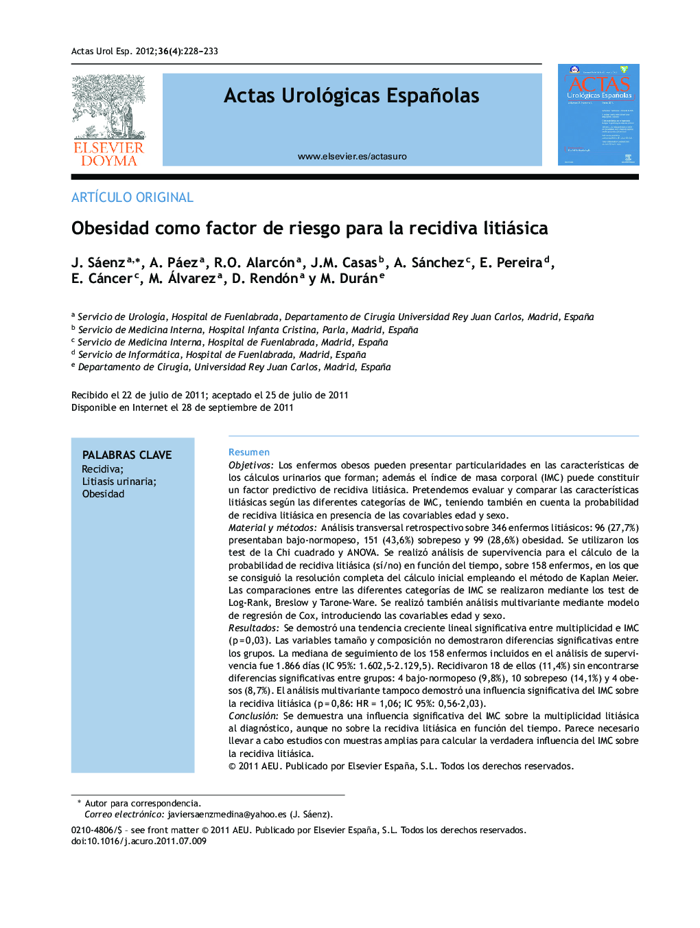 Obesidad como factor de riesgo para la recidiva litiásica