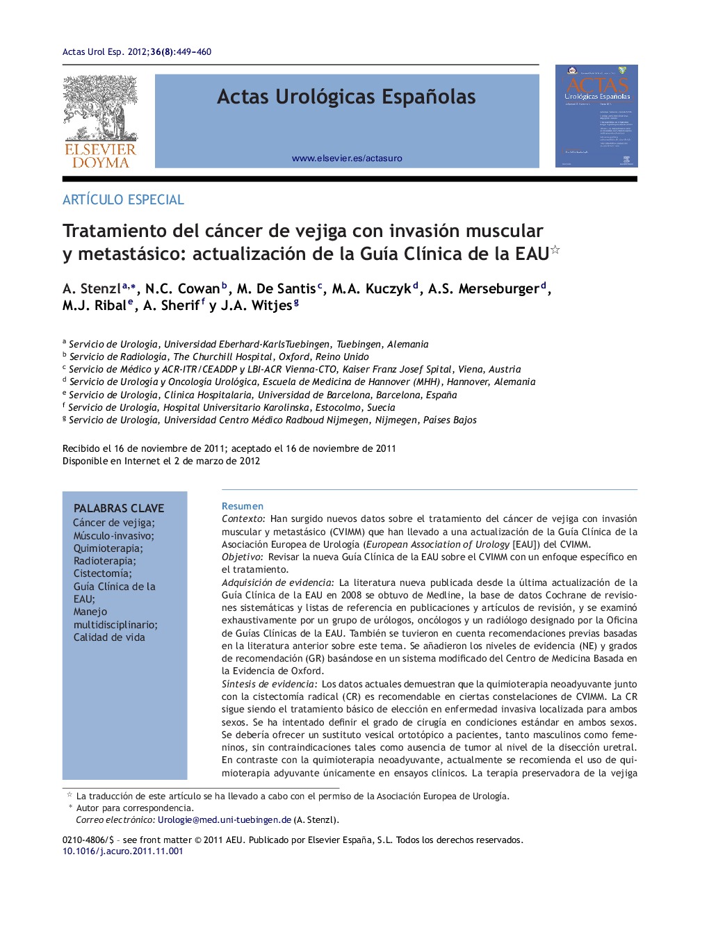 Tratamiento del cáncer de vejiga con invasión muscular y metastásico: actualización de la GuÃ­a ClÃ­nica de la EAU