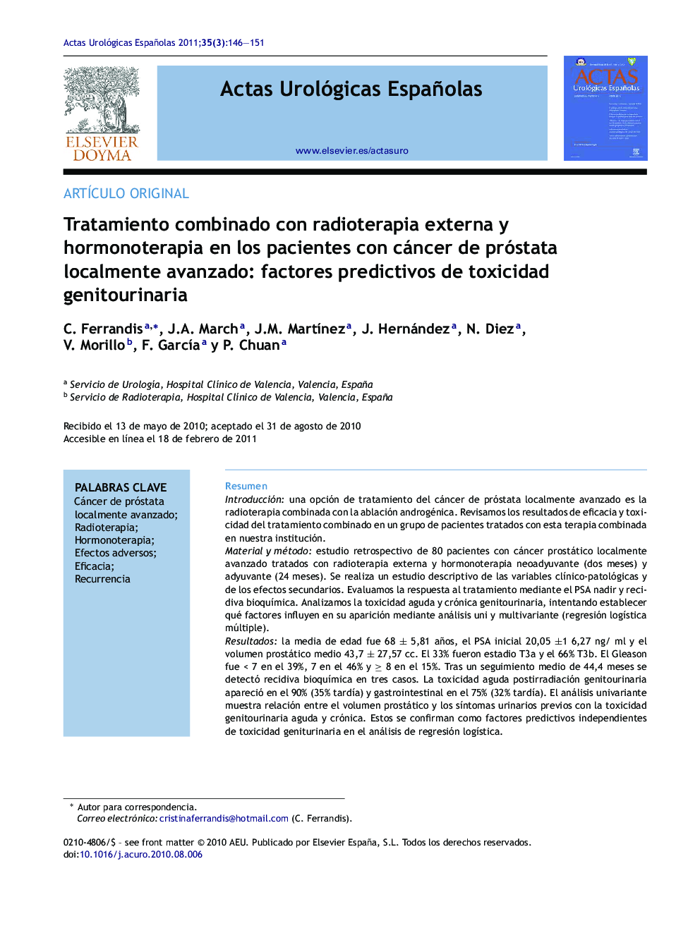 Tratamiento combinado con radioterapia externa y hormonoterapia en los pacientes con cáncer de próstata localmente avanzado: factores predictivos de toxicidad genitourinaria