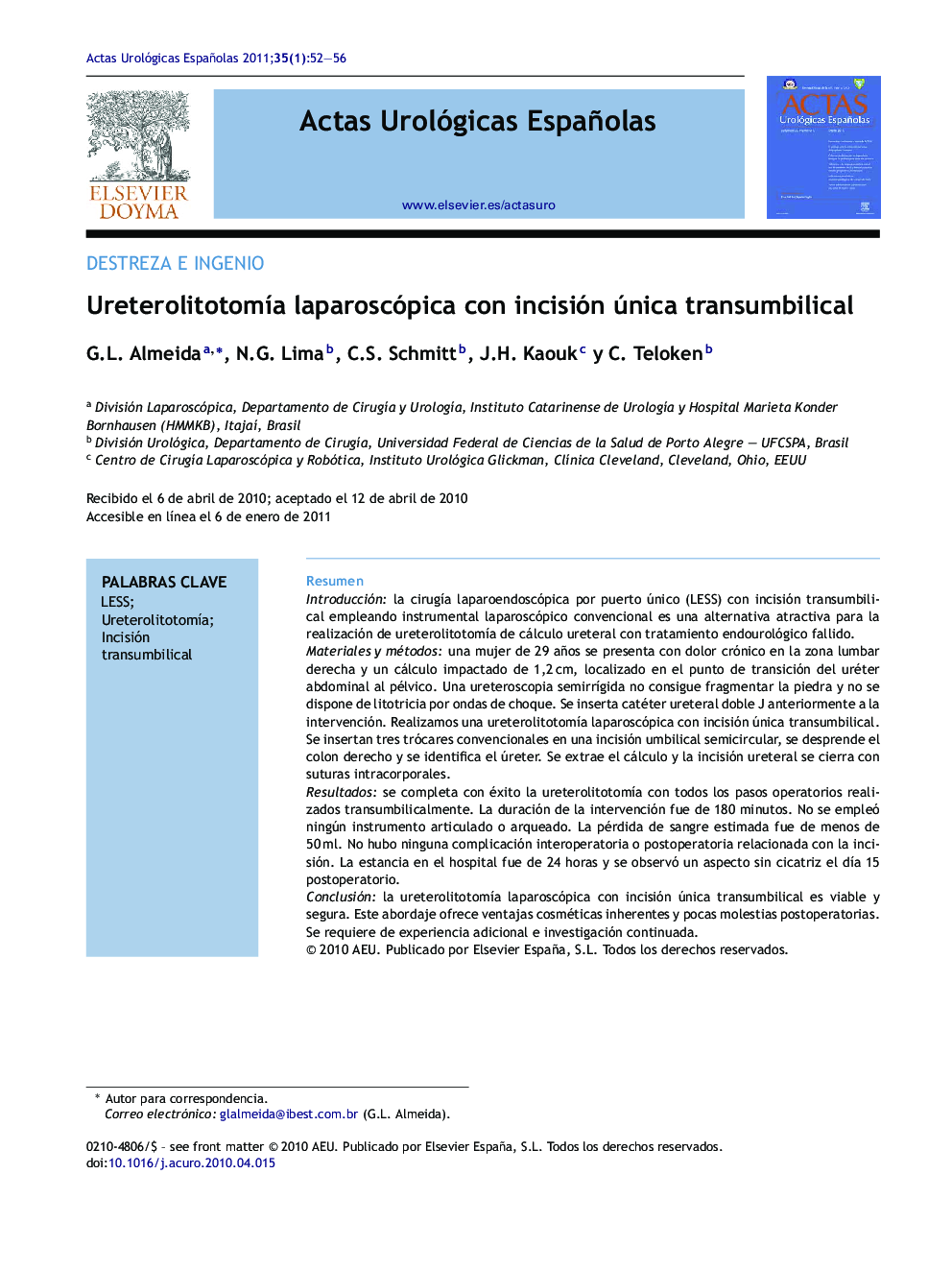 Ureterolitotomía laparoscópica con incisión única transumbilical