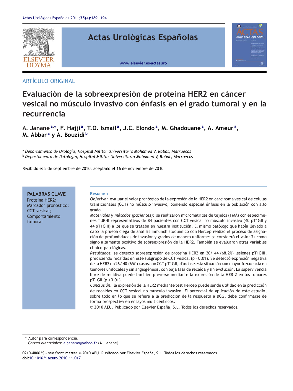 Evaluación de la sobreexpresión de proteÃ­na HER2 en cáncer vesical no músculo invasivo con énfasis en el grado tumoral y en la recurrencia