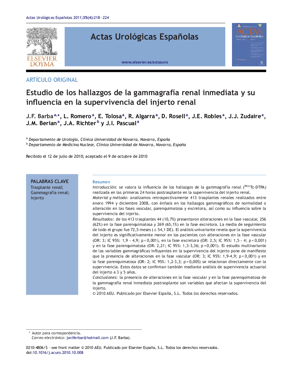 Estudio de los hallazgos de la gammagrafía renal inmediata y su influencia en la supervivencia del injerto renal